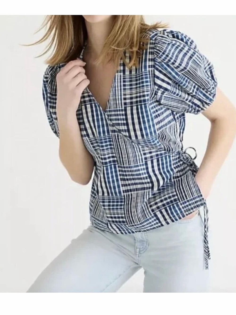 J. Crew Indigo Plaid Puff-Sleeve Wrap Top - Women's